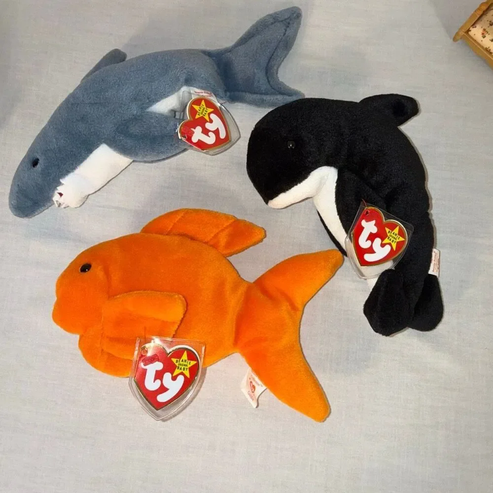 Vintage Ty Beanie Babies Aquatic Trio – Goldie 1993, Crunch 1996 &‎ Waves 1996 –